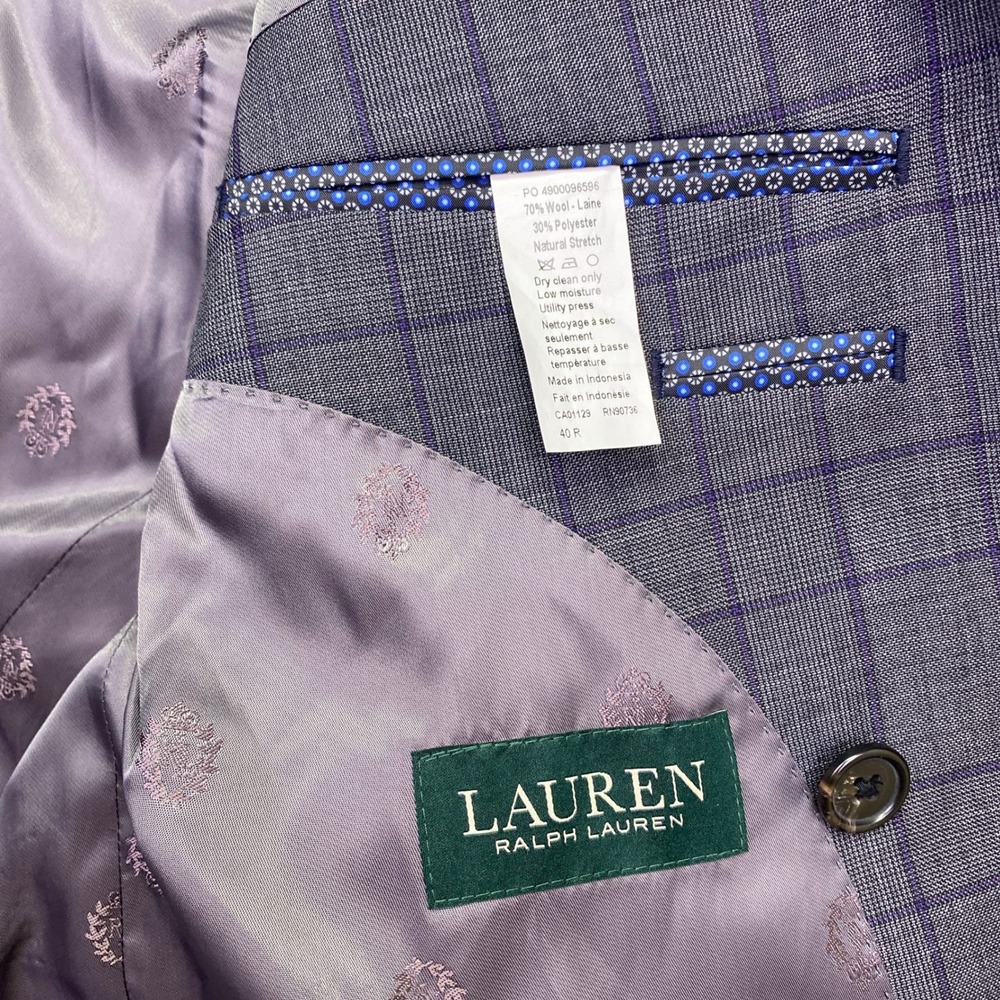 Lauren Ralph Lauren Mens 40R Suit 2 Piece Grey Purple Plaid Double Breasted 34W - Picture 7 of 16